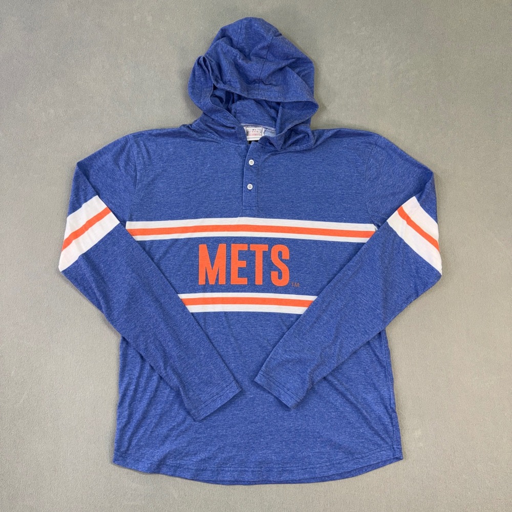 MLB Genuine Merchandise New York Mets Mens Large Blue Henley Hooded Shirt L/S